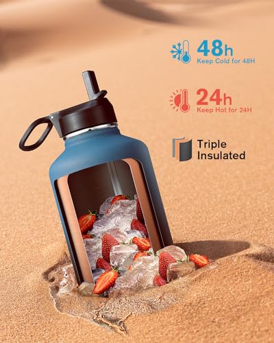 Half Gallon Water Bottle Insulated with Straw & 3 Lids, Coolflask 64 oz Water Jug Large Metal Stainless Steel Wide Mouth f...