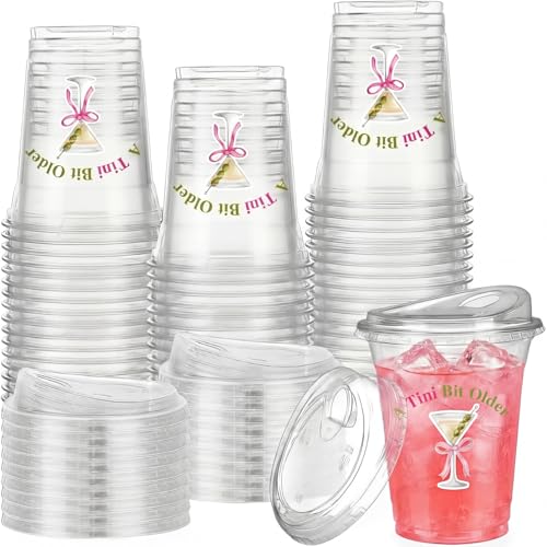 LemonRoad 50 Pack a Tini Bit Older Cups with Strawless Sip Lids 12 oz Plastic Martini Birthday Cups Martini Bow Party Deco...