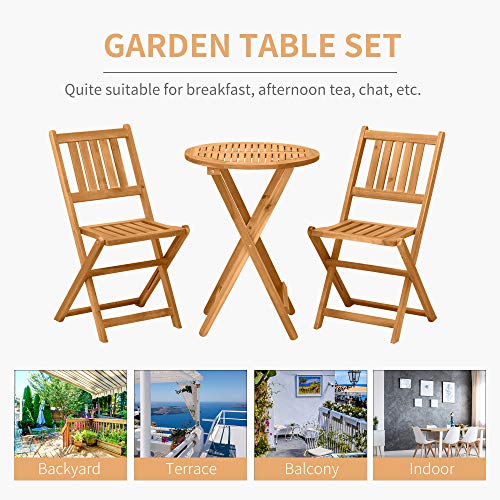 Outsunny 3-Piece Acacia Wood Bistro Set, Folding Patio Furniture with 2 Folding Chairs and Round Coffee Table, Teak, Slatt...