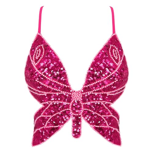Mocure Womens Glitter Sequin Butterfly Crop Top Low-Cut Tank Top Rave Tube Vest Top for Belly Dance Costume Outfits