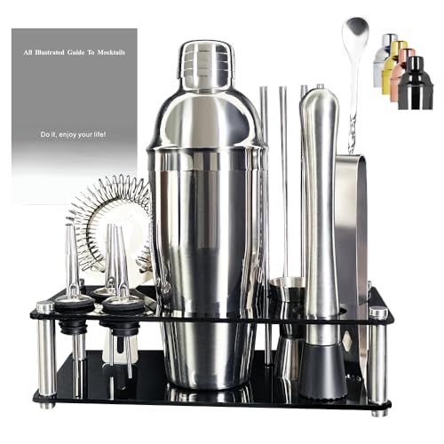 Bartender Kit, 13 Piece Cocktail Shaker Set Stainless Steel Bar Tools with Black Stand, 25 oz Shaker, Jigger, Spoon, Poure...