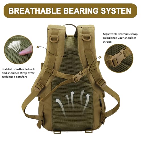 25L Hiking Backpack Small Tactical Backpack Daypack Camping Trekking Hunting Molle Pack for Men Women, Khaki
