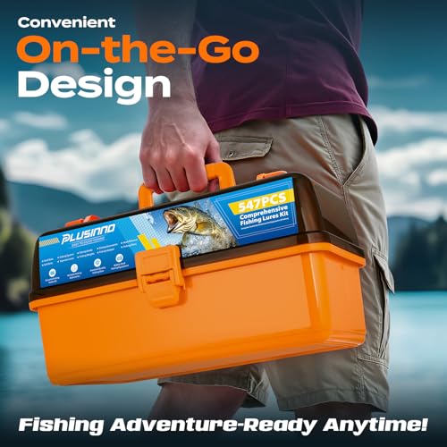PLUSINNO Large 4-Layer Tackle Box with Tackle Included, 547Pcs Fishing Lures Kit - Pliers, Crankbait, Hooks, Weights & Acc...