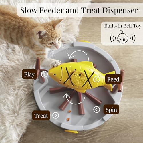 PetPals 11" High Cats Treat-Dispensing Slow Feeder,Pets Dry Food Dispenser,Cats Slow Feeding Snack Bowl, Grilled Fish Spin...