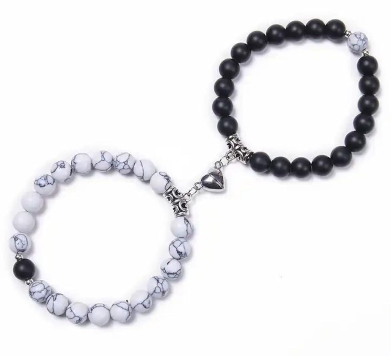 Jexiva Set Of 2 Matching Couple Bracelets Magnetic Heart - Stone Beads, Stretch, Unisex Anniversary, Express Love, Valentine, Long Distance, Christmas Gift (Black+Howlite, Without Giftbox)