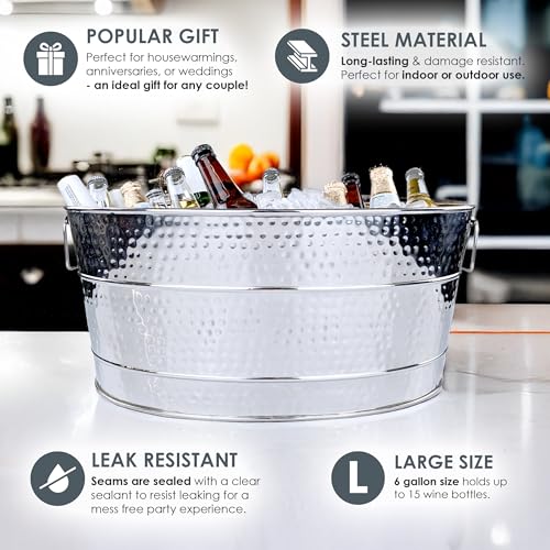 BREKX Aspen Heavy-Duty Oval Stainless Steel Drink Cooler for Parties - Metal Large Ice Bucket for Drinks, 25-Quart (30-Bot...