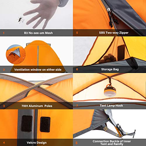 BISINNA 2/4 Person Camping Tent Lightweight Backpacking Tent Waterproof Windproof Two Doors Easy Setup Double Layer Outdoo...