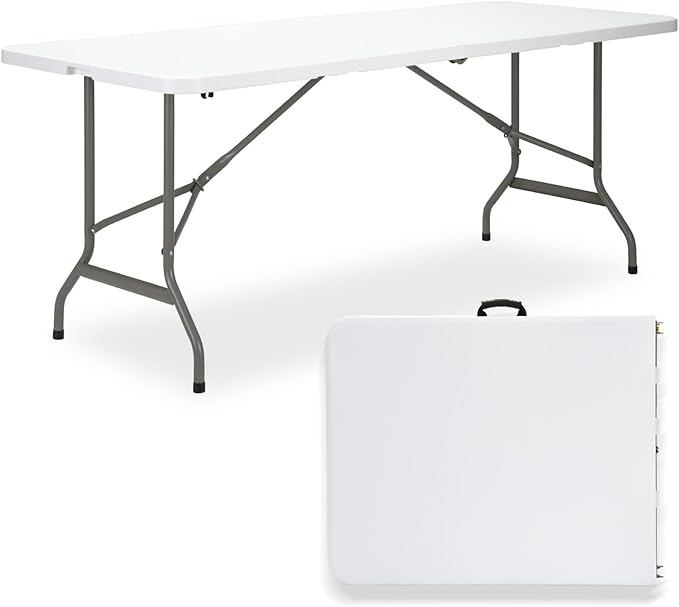 Folding Table 6ft, Heavy-Duty 500lbs Weight Capacity Foldable Table with HDPE Top & Steel Legs, Portable 6 Foot Picnic Table for Indoor Outdoor Parties, Camping, Event