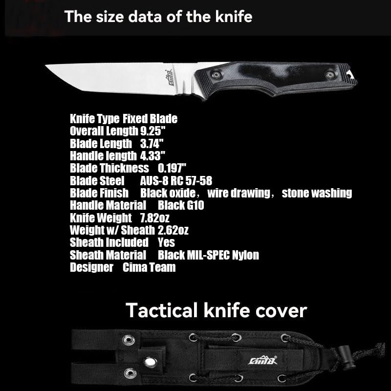 Survival hunting knife with sheath, 9.25-inch full tang fixed blade tactical outdoor knife, suitable for camping, outdoor ...