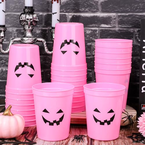 JarThenaAMCS 24 Pcs Halloween Pumpkin Plastic Cups Pink Funny Pumpkin Face Reusable Cups Trick or Treat Party Drinkware Su...