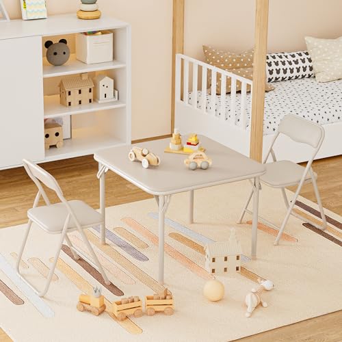 GAOMON Boys and Girls Folding Table and Chairs Set of 3, Portable Table and Chair with PU Soft Cushion,Suitable for Eatin...
