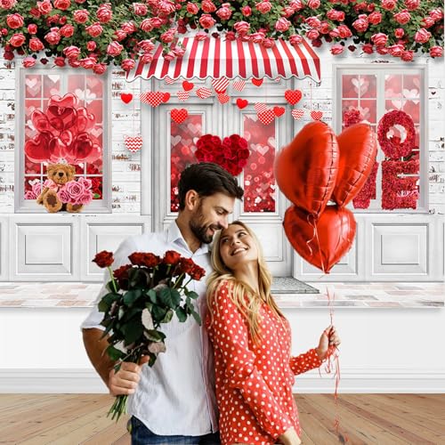 Mocsicka Valentine's Day Store Photography Backdrop Red Love Hearts Roses Rustic Brick Wall Party Decorations Floral Windo...