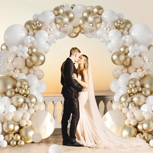 White and Gold Balloon Garland Arch Kit 132Pcs Metallic gold Ivory white Cream White Clear Balloons Different Sizes for We...
