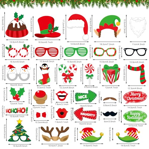 32 Pcs Christmas Photo Booth Props Kit - Merry Christmas Photo Props for Photography, DIY Fun Xmas Photobooth Photoshoot P...