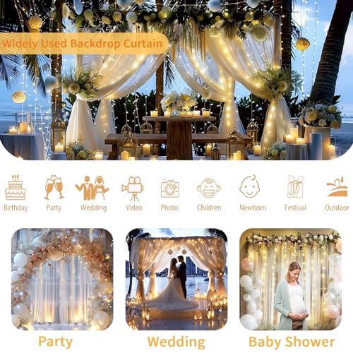 10 FT x 8 FT White Backdrop Curtain - Tulle Backdrop Curtain with 9.8FT Lights String - Sheer Backdrop Curtains with 4 Inc...