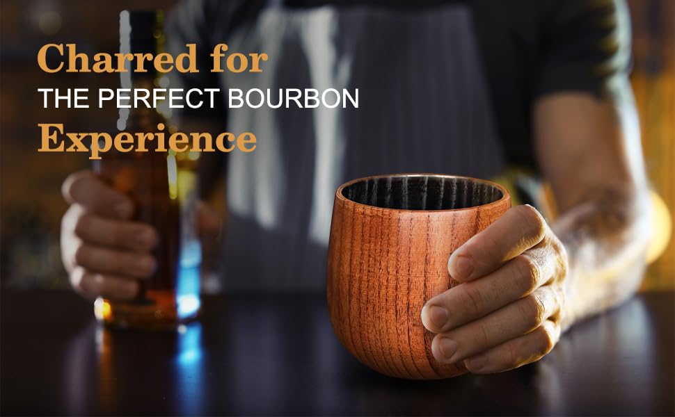 Charred Wooden Bourbon Drinking Glass, Bourbon Gifts for Men - 10 oz Charred Wooden Old Fashioned Glass Whiskey Tumbler | Birthday Whiskey Gifts for Men, Dad or Brother | Original Bourbon Tumbler
