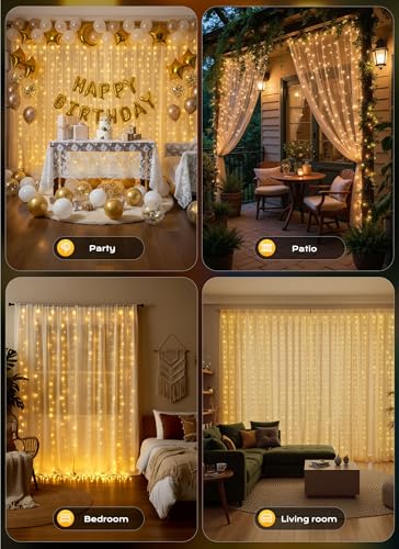 Brightown 300 LED Curtain String Lights, 9.8 FT Hanging Fairy Lights with Remote, 8 Modes, Waterproof Window Lights for Be...