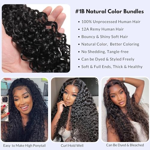 Water Wave Human Hair Bundles - Natural Black Wet & Wavy Curly Sew In Weave, Soft & Shed-free 12A 100% Brazilian Virgin Remy Hair - 3 Bundles, 12, 14, 16 Inch