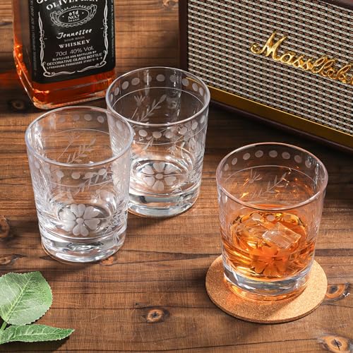 Joeyan Hand Blown Etched Drinking Glasses,Clear Water Glass Cups with Floral Pattern,Aesthetic Tumblers Glassware Set for ...