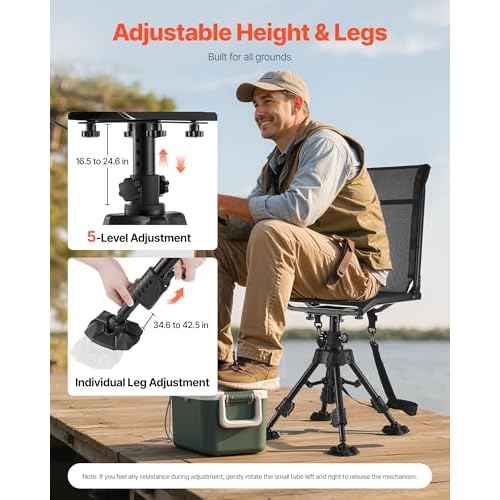 VEVOR Hunting Chair, 360¡Æ Silent Swivel, Foldable Portable Blind Chair, Heavy-Duty Steel Frame Ground Stool Seat with Anti-Sink Swivel Feet, Height Adjustable, 350 Lbs Capacity for Fishing Camping