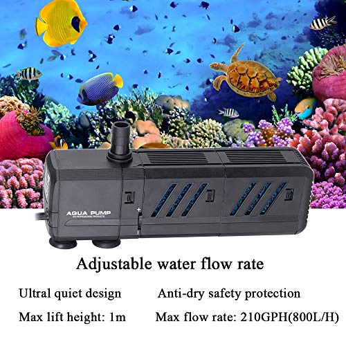 MQ 210GPH Submersible Water Pump (800L/H, 8W) with Filters and Water Nozzles, Ultra Quiet for Aquarium, Fish Tank, Pond, F...