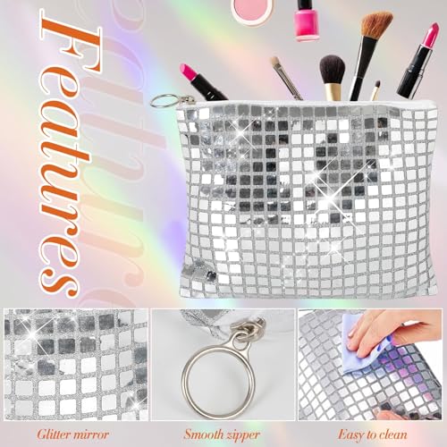 10 Pcs Disco Cosmetic Bags for Women 7.8 x 6.6 Inch Disco Makeup Bags Bachelorette Party Favors Bag Silver Sequins Makeup ...