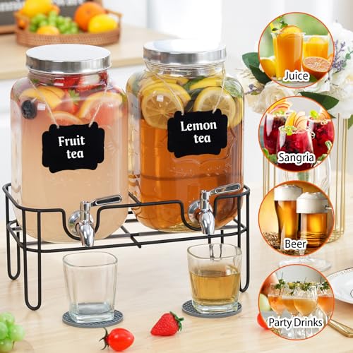 Moretoes Glass Drinks Dispenser for Parties, 2 PACK 1 Gallon Beverage Dispenser with Stand for Juice and Iced Tea, Water J...