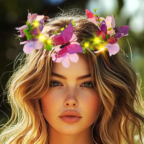 DRESBE Light Up Butterfly Flower Crown LED Floral Headband Glow Fairy Hair Accessories for Women (Purple)