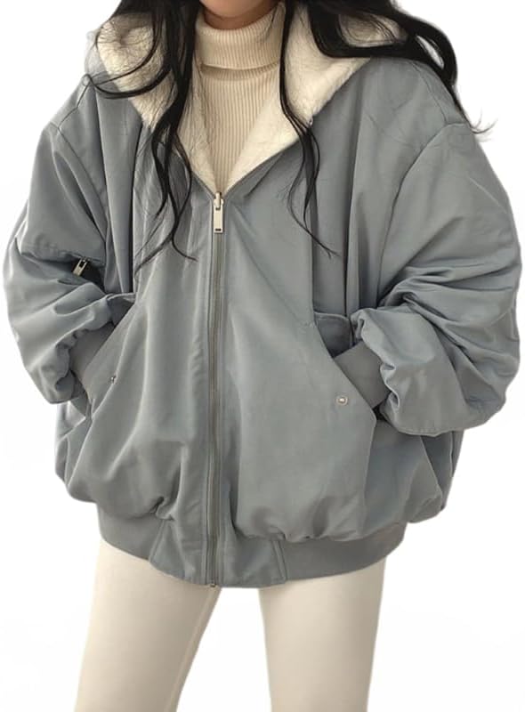EMMIOL Womens Winter Coats Hooded Fleece Puffer Reversible Long Sleeve Oversized Full Zipper Warm Jackets
