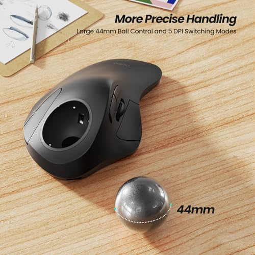 Nulea Wireless Ergonomic Trackball Mouse, Rechargeable, Bluetooth Rollerball Mouse, 44mm Index Finger Trackball, 5 Adjusta...
