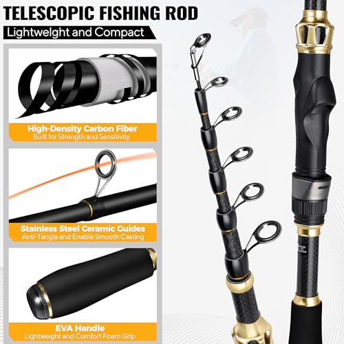 PLUSINNO Fishing Rod and Reel Combo,Fishing Pole,Telescopic Fishing Rod Kit with Spinning Reel, Telescopic Fishing Pole wi...