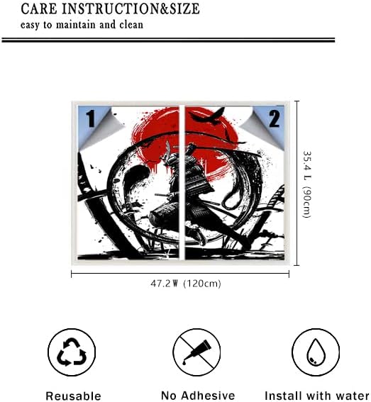Japanese Samurai Decorative Window Film Watercolor Ink Samurai Sword Red Sun Printdining Room Window Film,Dorm Room Glass Film 23.6Wx35.4L-Inch X2Pcs