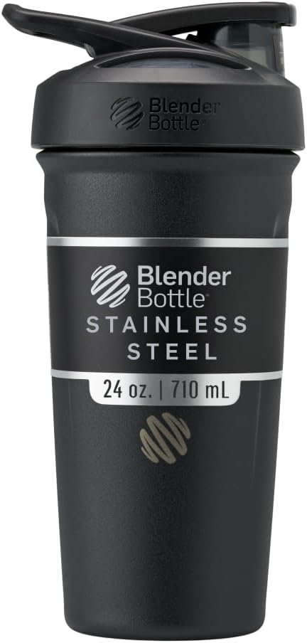 BlenderBottle Sport Shaker Cup Insulated Stainless Steel Water Bottle with Wire Whisk, 24-Ounce, Black