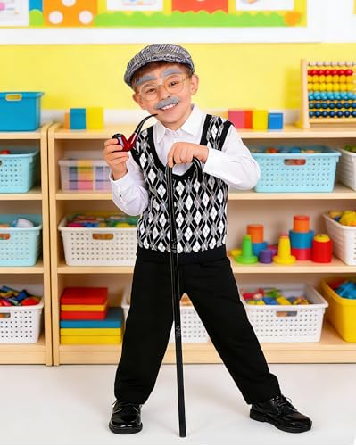 Vivrerizo Old Man Costume for Kids - 7 Pcs Boys 100 Days of School Costume for Grandpa Outfit Dress Up Cosplay