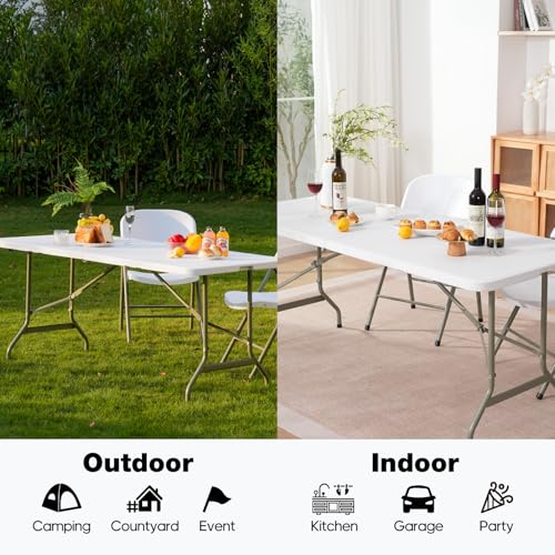 Folding Table 6ft, Heavy-Duty 500lbs Weight Capacity Foldable Table with HDPE Top & Steel Legs, Portable 6 Foot Picnic Tab...