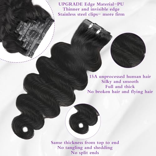 Seamless Body Wave Clip Ins Human Hair Extensions Invisible Weft Clip In Hair Extensions Real Human Hair 16Inch 8Pcs PU Clip ins Remy Hair for Women 18Clips 120g Natural Black