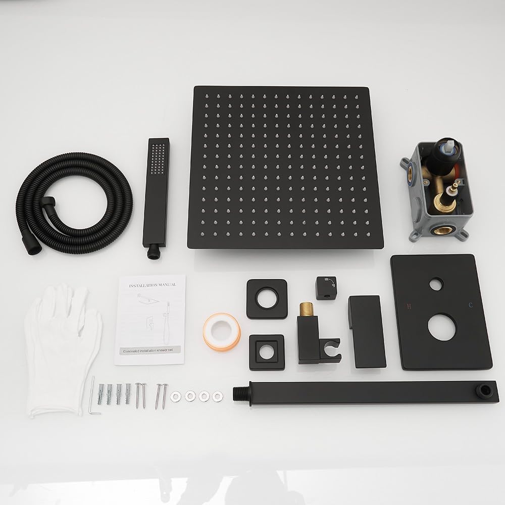 JingGang Matte Black Shower System 12 Inch Bathroom Luxury Rain Mixer Shower Combo Set Wall Mounted Rainfall Shower Head and Handheld System Shower Faucet Set Rough-in Valve Body and Trim Kit