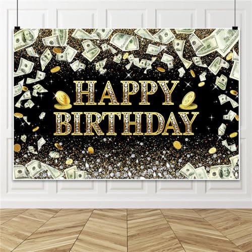 Renaiss 7x5ft Dollar Bill Birthday Backdrop Dollar Coins Diamonds Glittering Black Gold Money Birthday Photography Backgro...