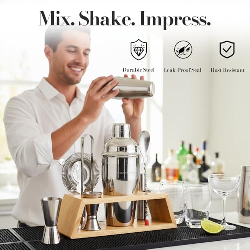 Cocktail Shaker Set Bartender Kit with Bamboo Stand – Professional Martini Shaker, Premium Stainless Steel Shaker Bottle, ...