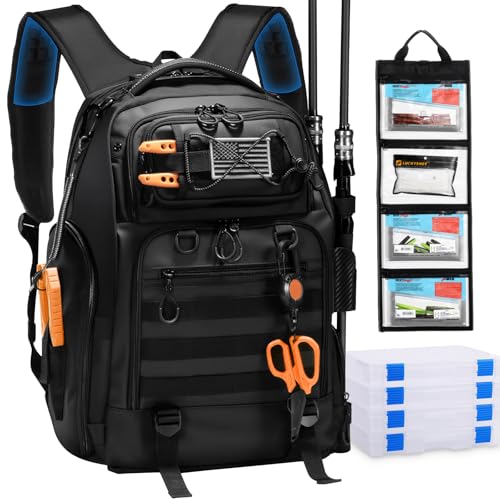 BAIXIXIG 50L Fishing Tackle Backpack with Removable Lure Wraps,Include (4) 3600 Tackle Boxes, 2 Rod Holders Storage Fishin...