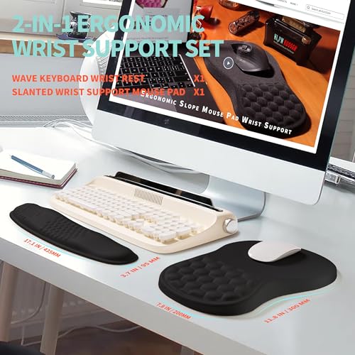 KUOSGM 2-in-1 Ergonomic Set, Wave Rise Keyboard Wrist Rest and Massage Bulge Slope Mouse Pad Wrist Support, Cushion Memory...
