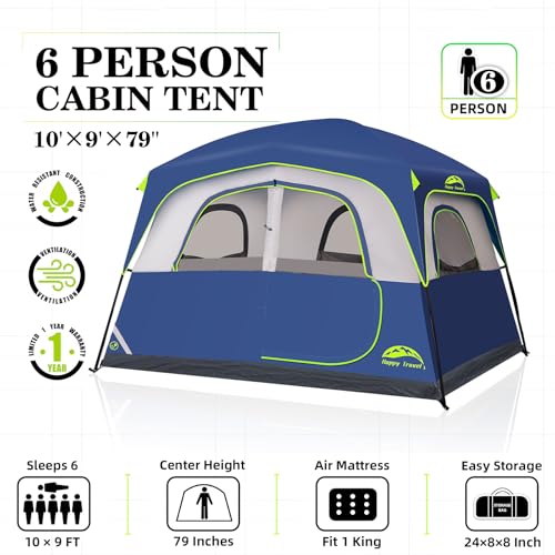 Happy Travel Tent 6 Person Tents for Camping, Waterproof Easy Setup Camping Tent with Rainfly, Portable Large Family Cabin...