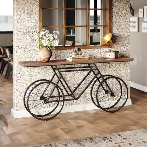 LITTLE TREE Narrow Sofa Table, 70.9-Inch Extra Long Console Table for Living Room, Entryway, with Unique Bicycle Metal Base. Rustic Brown