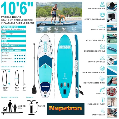 Napatron Inflatable Paddle Board, 10'6" Ultra Lightweight SUP with Adjustable Paddle, Anti-Slip Deck,Coiled Leash & Carry ...