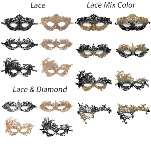 TFTSR Masquerade Masks for Women Couples & Men - Gold & Black Lace Venetian Dress & Mardi Gras Mask Adults Party Costume