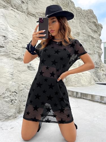 Verdusa Women's Short Sleeve Round Neck Star Print See Through Mesh Short Dress
