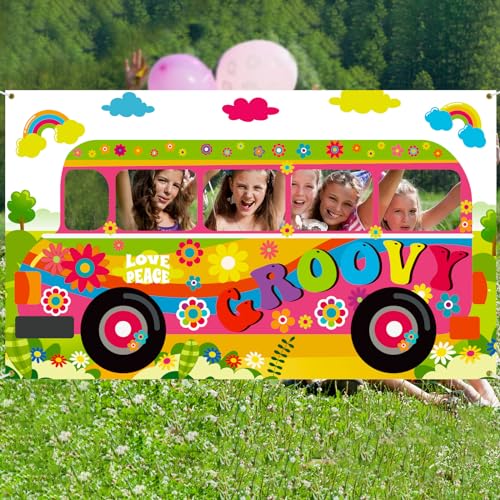 Buryeah 2 Pcs 60's Theme Party Decorations Hippie Bus Photo Prop Hippie Theme Party Backdrop Groovy Selfie Frame Banner fo...
