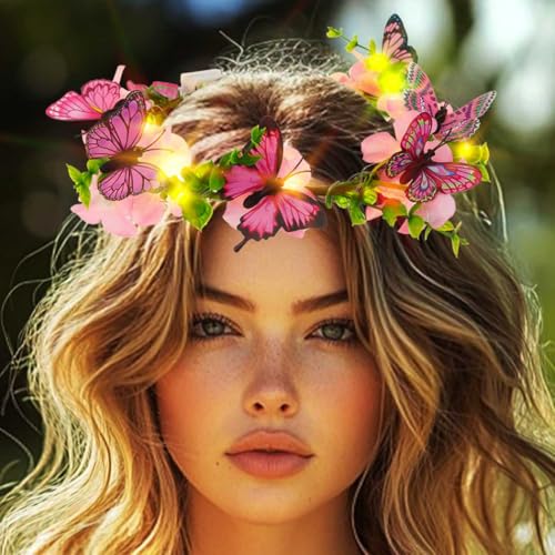 DRESBE Light Up Butterfly Flower Crown LED Floral Headband Glow Fairy Hair Accessories for Women (Pink)