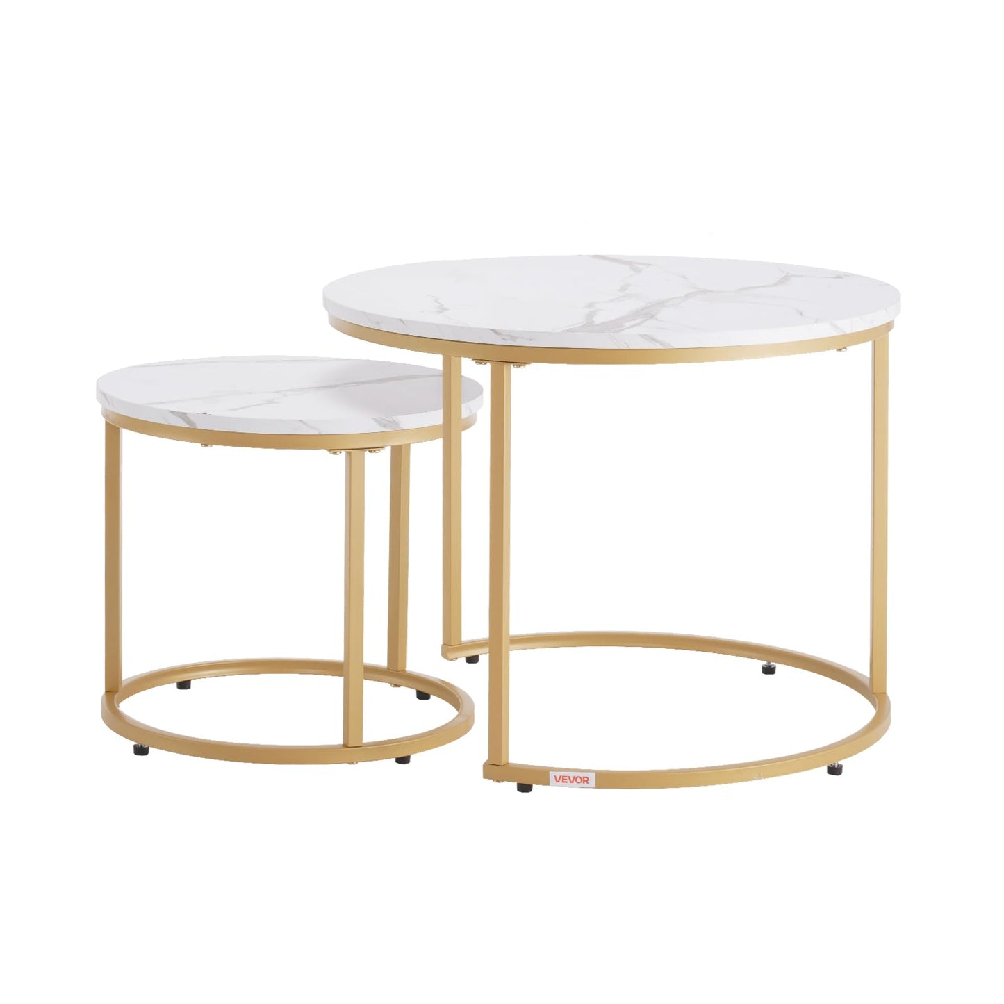 VEVOR Nesting Tables, Coffee Table Set of 2, 23.6 inch Round Coffee Table, Small Coffee Tables Night Stand with Metal Frame, for Living Room, Bedroom, Office (White & Gold)