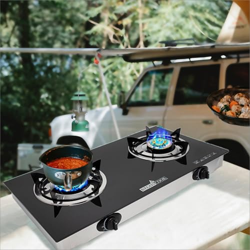 RegiisCook 2 Burner Propane Gas Cooktop,Camping Portable LPG Gas Stove, Auto Ignition Tempered Glass Countertop with regul...